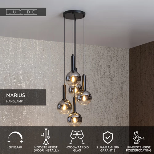 Lucide MARIUS - Hanglamp - Ø 55 cm - 5xE27 - Zwart - USP
